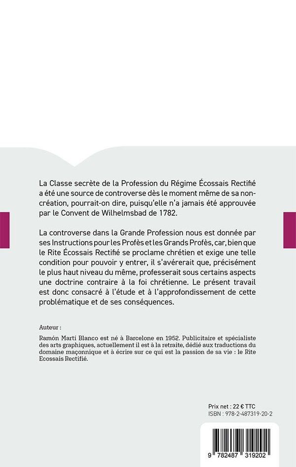 Quatrième de couverture de « La grande profession du rite écossais rectifié : instructions de profès et grand profès »