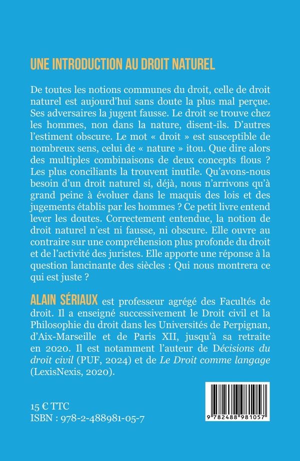 Quatrième de couverture de « UNE INTRODUCTION AU DROIT NATUREL »