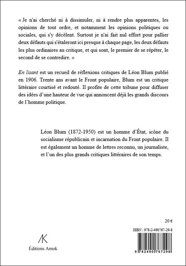 Quatrième de couverture de « En lisant : Réflexions critiques »