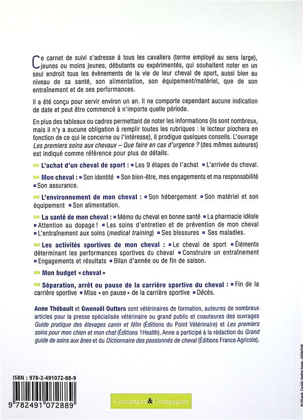 Quatrième de couverture de « LE CARNET DE SANTE DE MON CHEVAL DE SPORT »
