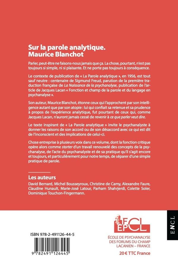 Quatrième de couverture de « Sur la parole analytique : Maurice Blanchot »