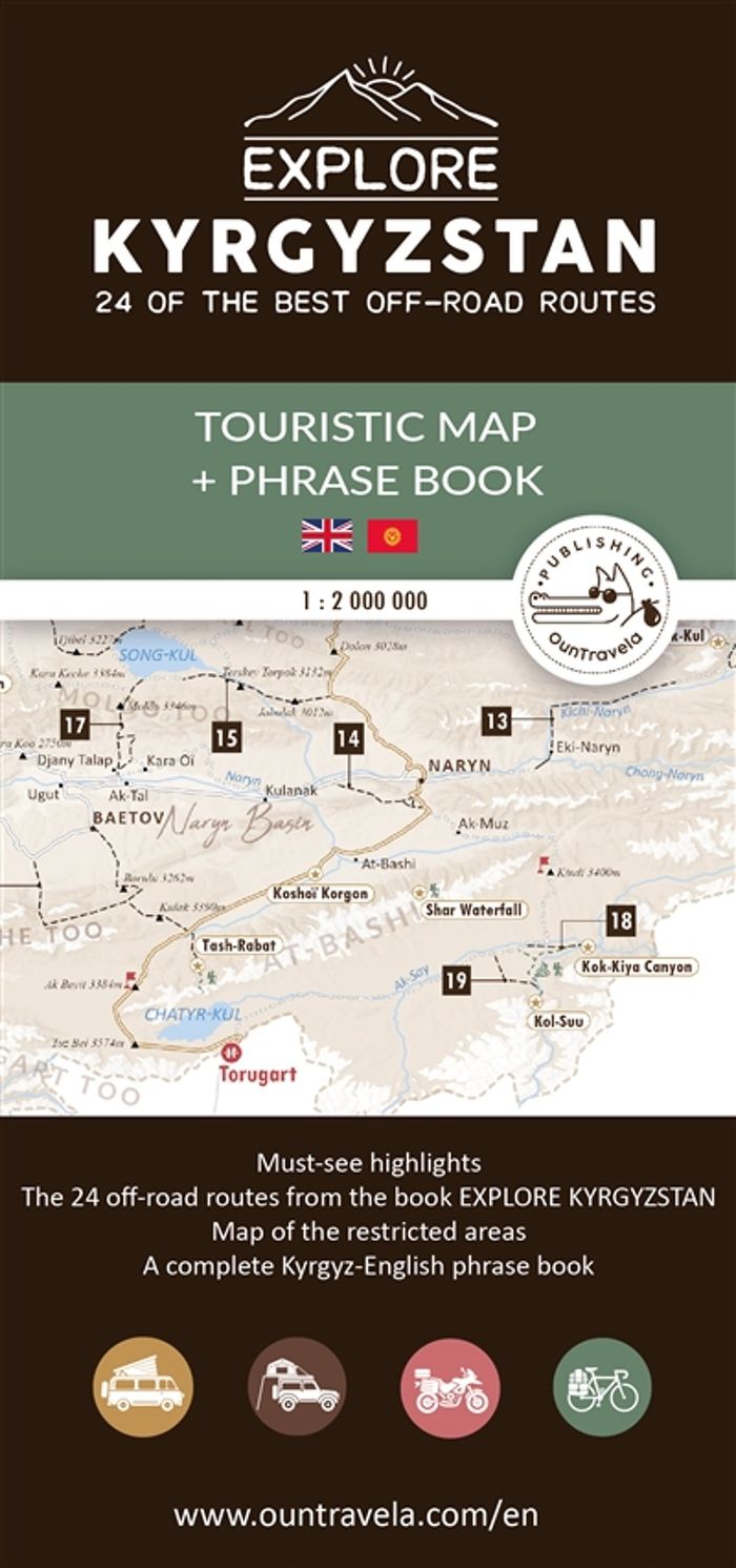 Couverture du livre « TOURISTIC MAP OF KYRGYZSTAN + KYRGYZ-ENGLISH PHRASE BOOK - GEOGRAPHICAL MAP OF KYRGYZSTAN » de Michaud/casari, librairie Les Contes Infusés à Corte