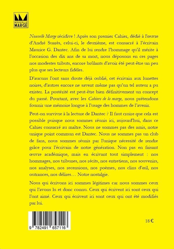 Quatrième de couverture de « Cahiers de la Marge sur Maurice G. Dantec »