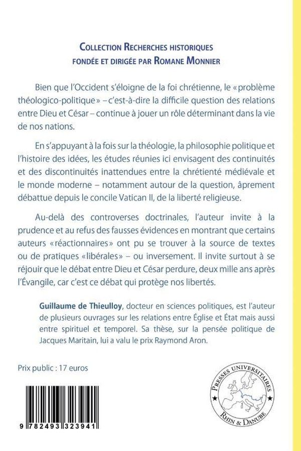 Quatrième de couverture de « Études sur les relations Église-État »
