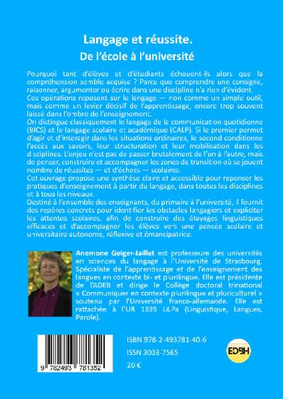 Quatrième de couverture de « LANGAGE ET REUSSITE. - DE L'ECOLE A L'UNIVERSITE »