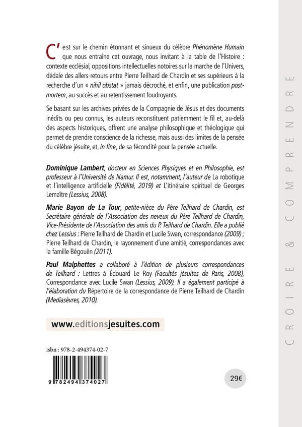 Quatrième de couverture de « LE PHENOMENE HUMAIN DE PIERRE TEILHARD DE CHARDIN »