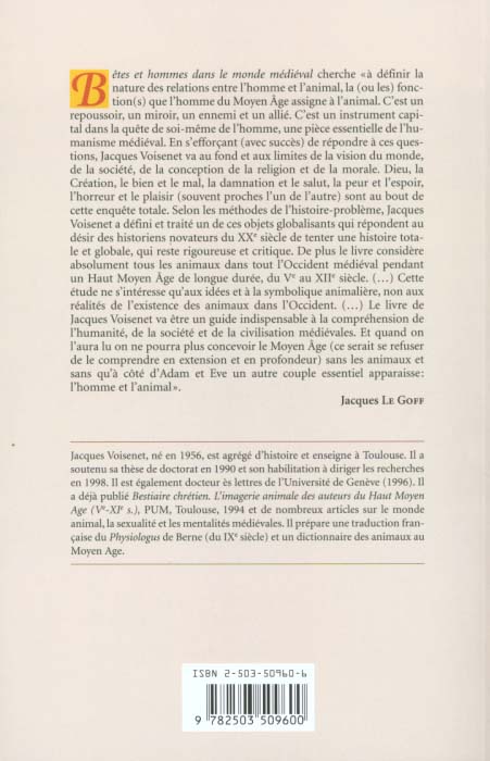 Quatrième de couverture de « BETES ET HOMMES DANS LE MONDE MEDIEVAL »
