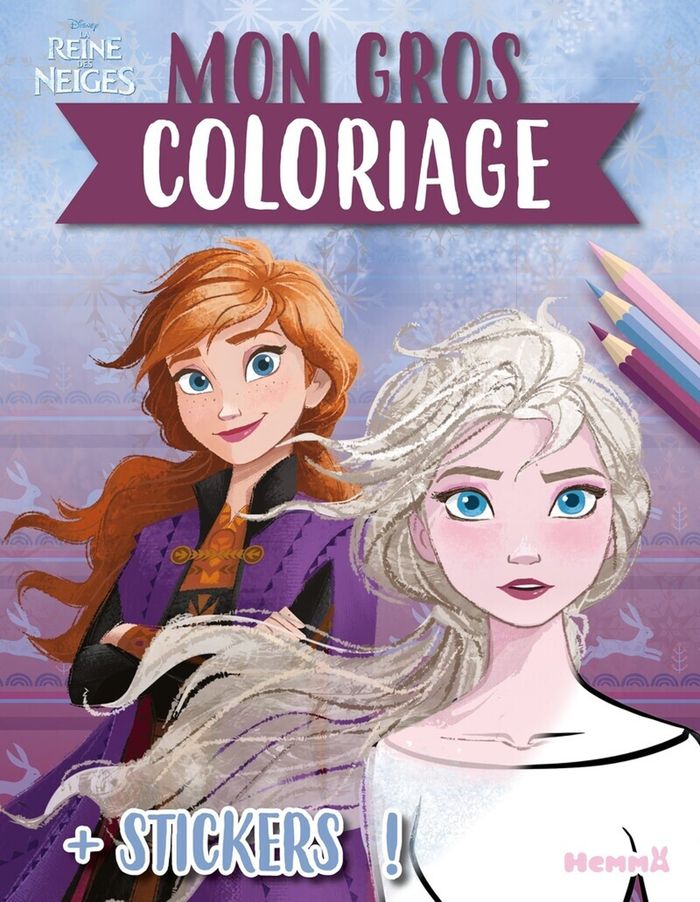 Couverture du livre « DISNEY LA REINE DES NEIGES 1 & 2 - MON GROS COLORIAGE + STICKERS ! (ANNA ET ELSA FOND BLEU ET MAUVE) » de Collectif, librairie Les Contes Infusés à Corte