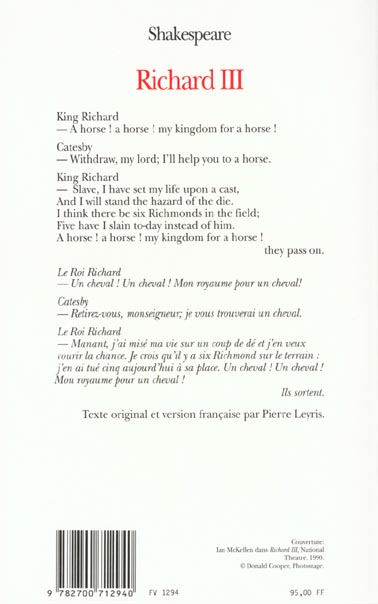 Quatrième de couverture de « RICHARD III, BILINGUE ANGLAIS-FRANCAIS »