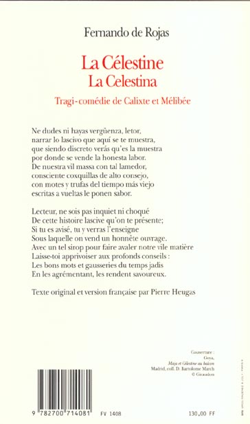 Quatrième de couverture de « LA CELESTINE - TRAGI-COMEDIE DE CALIXTE ET MELIBEE »