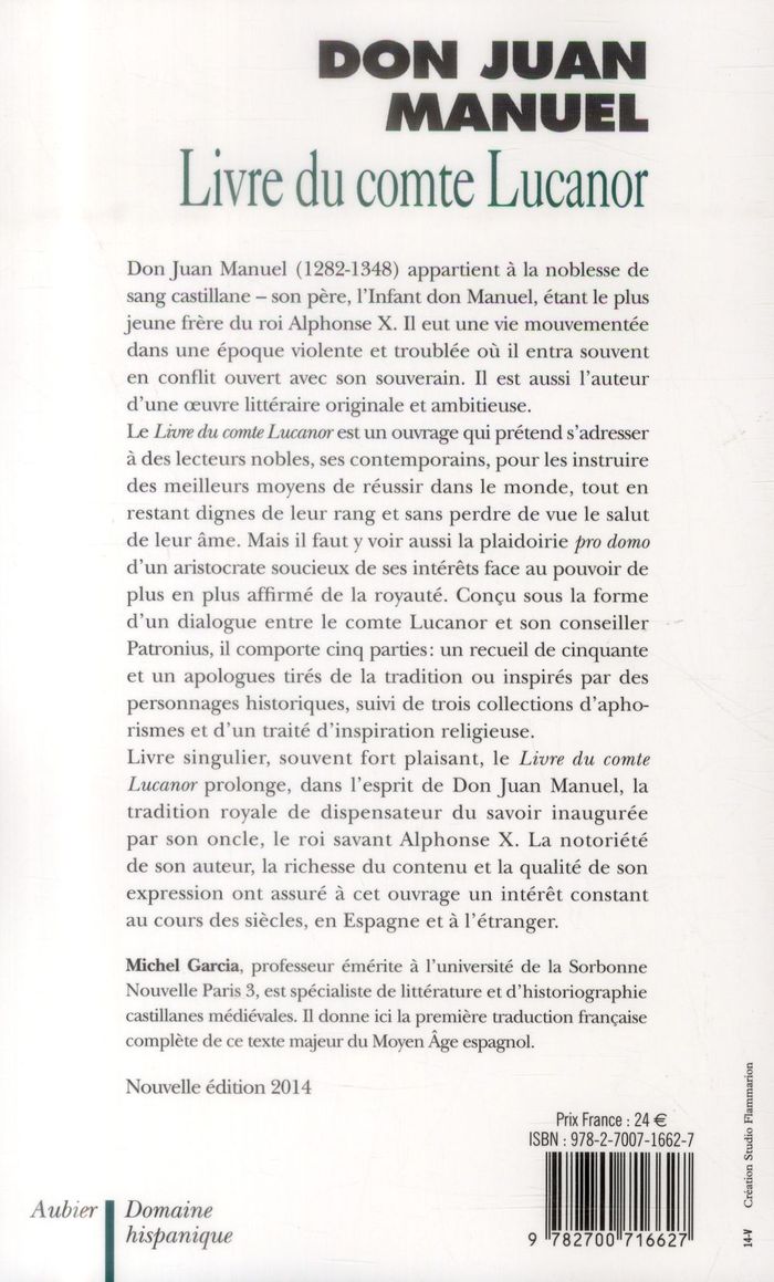 Quatrième de couverture de « LE LIVRE DU COMTE LUCANOR »