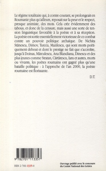 Quatrième de couverture de « QUINZE POETES ROUMAINS »