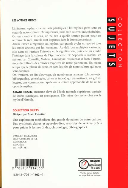 Quatrième de couverture de « LES MYTHES GRECS »