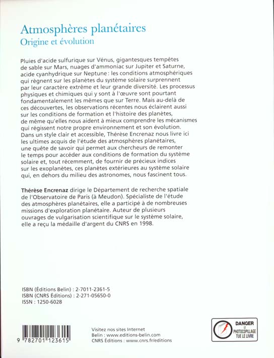 Quatrième de couverture de « ATMOSPHERES PLANETAIRES : ORIGINE ET EVOLUTION »
