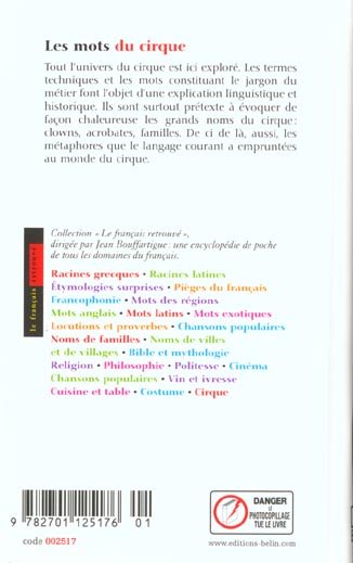 Quatrième de couverture de « LES MOTS DU CIRQUE »