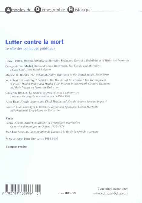 Quatrième de couverture de « ADH 2001-1 - LUTTER CONTRE LA MORT - LE ROLE DES POLITIQUES PUBLIQUES »