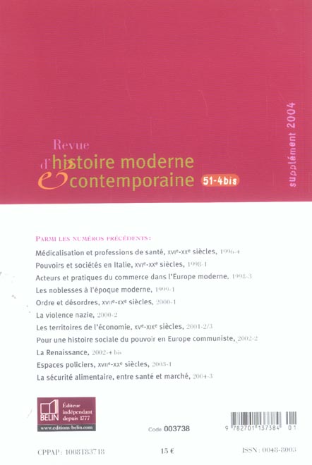 Quatrième de couverture de « RHMC 51-4 BIS - SUPPLEMENT 2004 N 51-4 BIS »