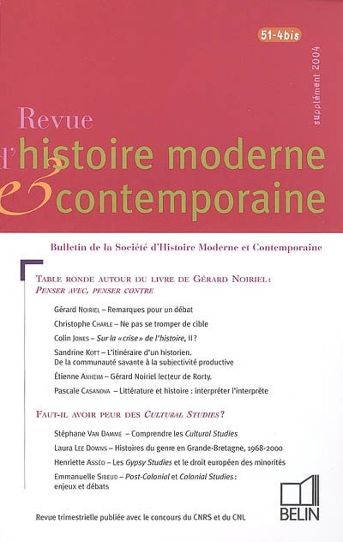 Couverture du livre « RHMC 51-4 BIS - SUPPLEMENT 2004 N 51-4 BIS » de Philippe Minard, librairie Les Contes Infusés à Corte