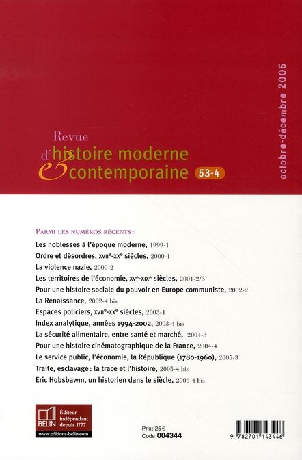 Quatrième de couverture de « RHMC 53-4 - OCTOBRE-DECEMBRE 2006 N 53-4 »