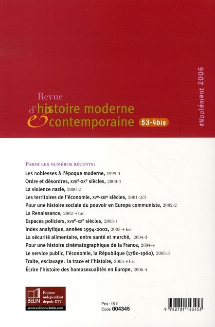 Quatrième de couverture de « RHMC 53-4BIS - SUPPLEMENT 2006 N 53-4BIS »