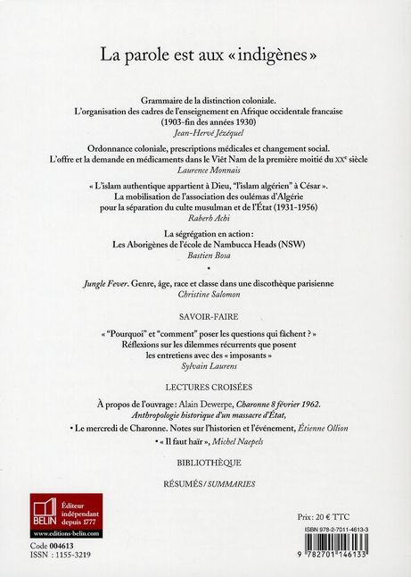 Quatrième de couverture de « GENESES N 69 - LA PAROLE EST AUX "INDIGENES" »