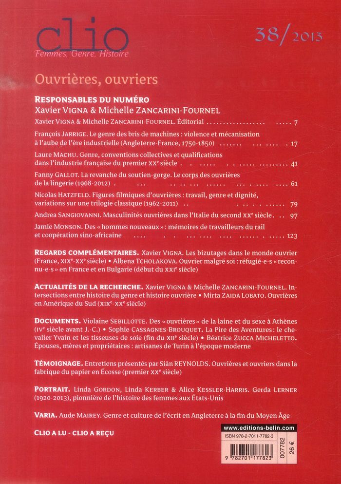 Quatrième de couverture de « CLIO. FEMMES, GENRE, HISTOIRE, N 38. "OUVRIERES, OUVRIERS" »