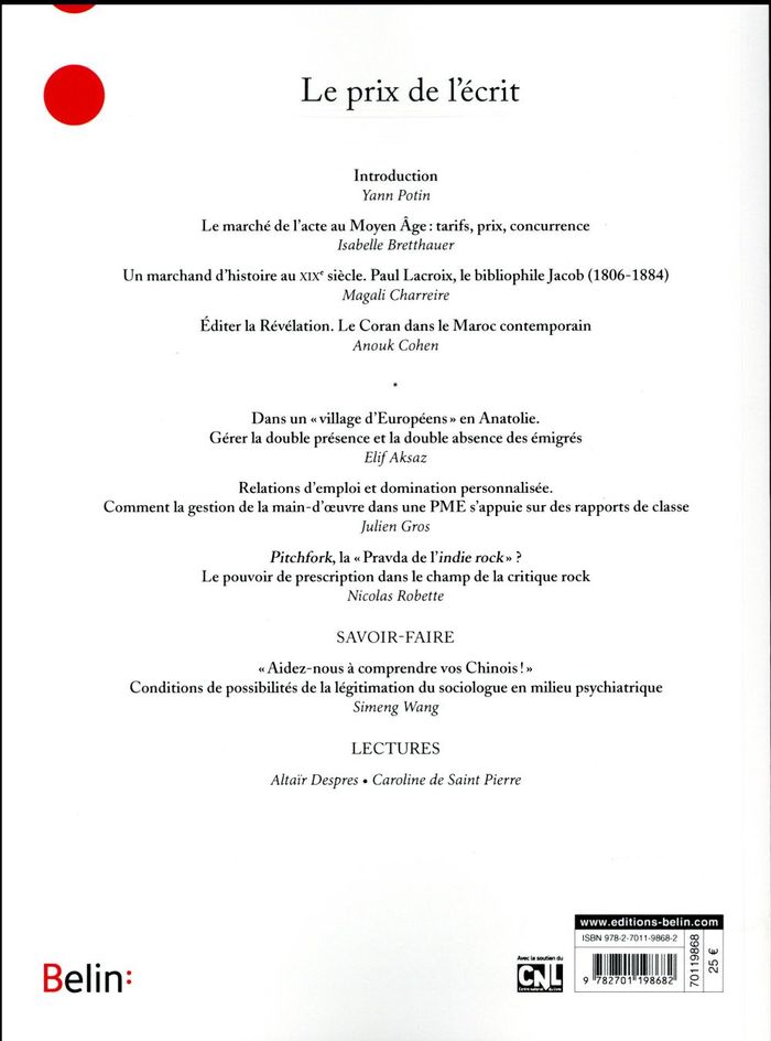 Quatrième de couverture de « GENESES N 105 - LE PRIX DE L'ECRIT »