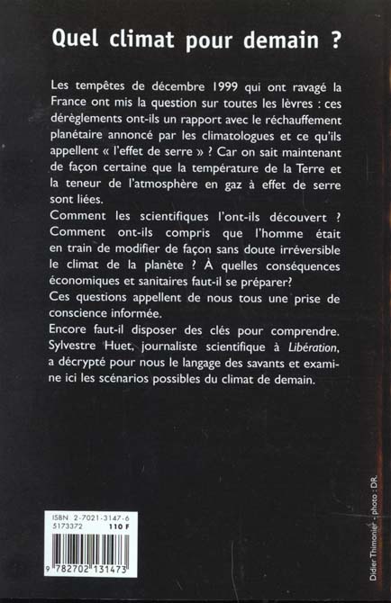 Quatrième de couverture de « QUEL CLIMAT POUR DEMAIN ? »