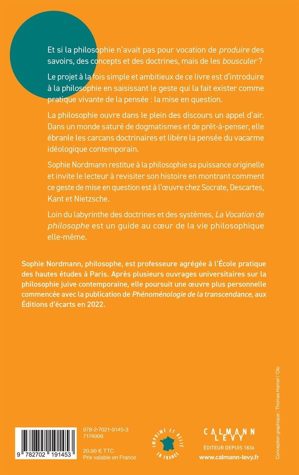 Quatrième de couverture de « La vocation de philosophe : puissance de la mise en question »