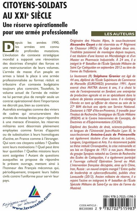 Quatrième de couverture de « CITOYENS-SOLDATS AU 21EME SIECLE - UNE RESERVE OPERATIONNELLE POUR UNE ARMEE PROFESSIONNELLE »