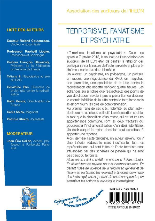 Quatrième de couverture de « TERRORISME, FANATISME ET PSYCHIATRIE »