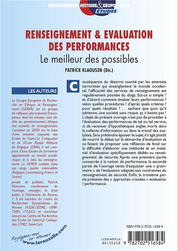 Quatrième de couverture de « RENSEIGNEMENT ET EVALUATION DES PERFORMANCES - LE MEILLEUR DES POSSIBLES »