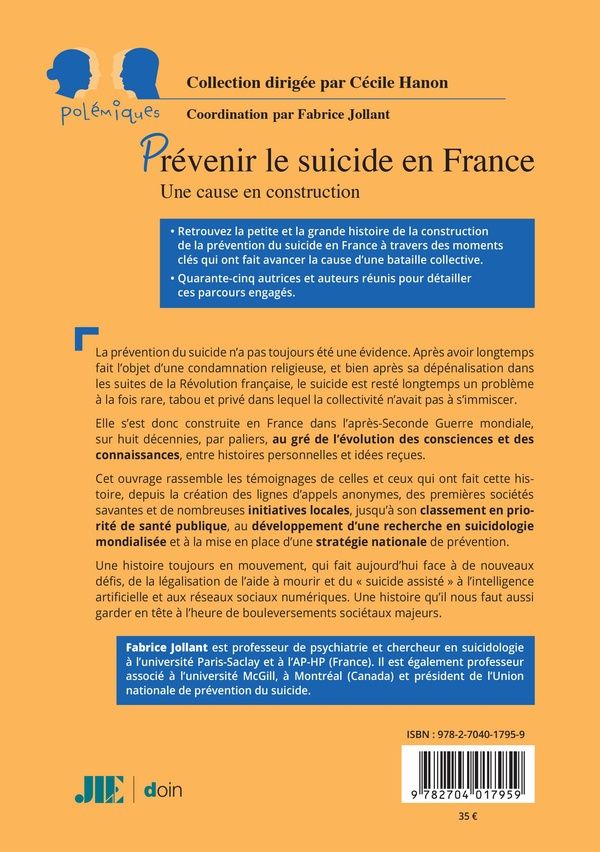 Quatrième de couverture de « Prevenir le suicide en france : une cause en construction »