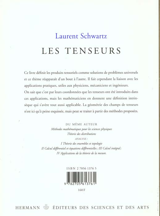 Quatrième de couverture de « LES TENSEURS - SUIVI DE TORSEURS SUR UN ESPACE AFFINE »