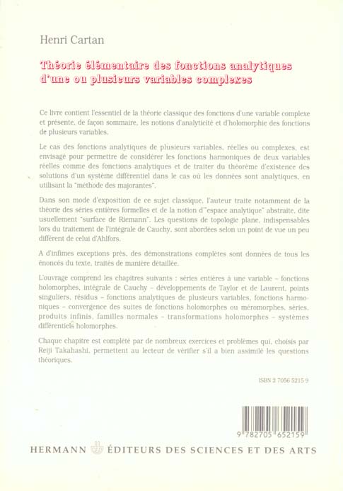 Quatrième de couverture de « THEORIE ELEMENTAIRE DES FONCTIONS ANALYTIQUES D'UNE OU PLUSIEURS VARIABLES COMPLEXES »