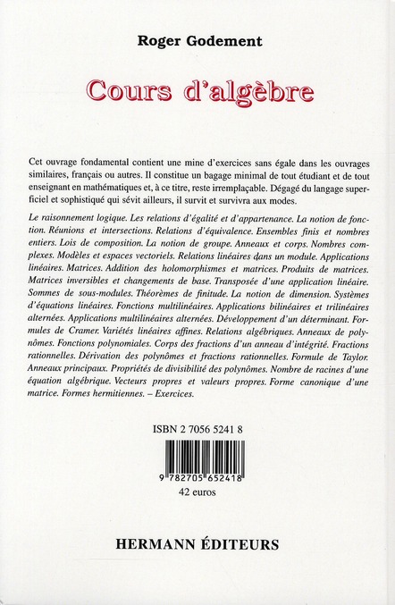Quatrième de couverture de « COURS D'ALGEBRE »