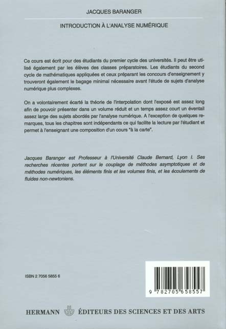 Quatrième de couverture de « INTRODUCTION A L'ANALYSE NUMERIQUE »
