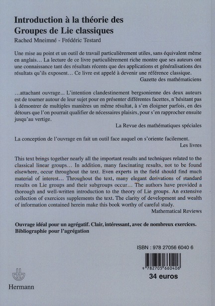Quatrième de couverture de « INTRODUCTION A LA THEORIE DES GROUPES DE LIE CLASSIQUE »