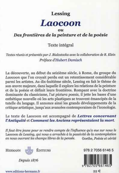 Quatrième de couverture de « LAOCOON - OU DES FRONTIERES DE LA PEINTURE ET DE LA POESIE »