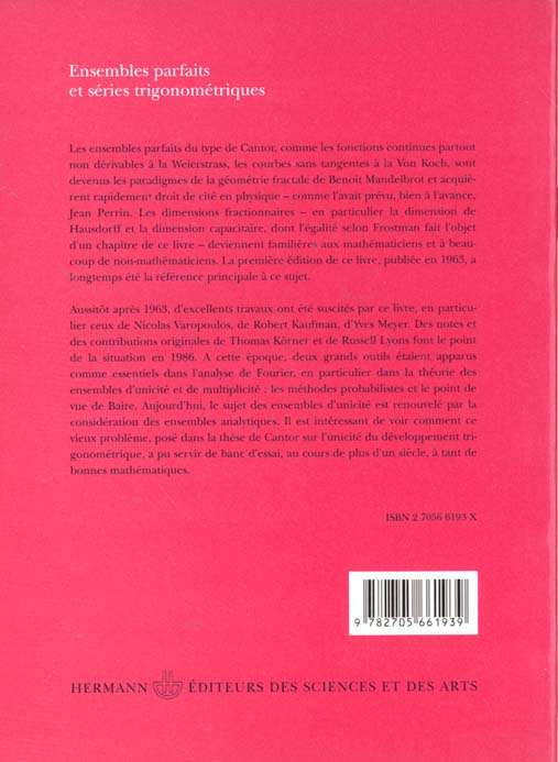 Quatrième de couverture de « ENSEMBLES PARFAITS ET SERIES TRIGONOMETRIQUES »