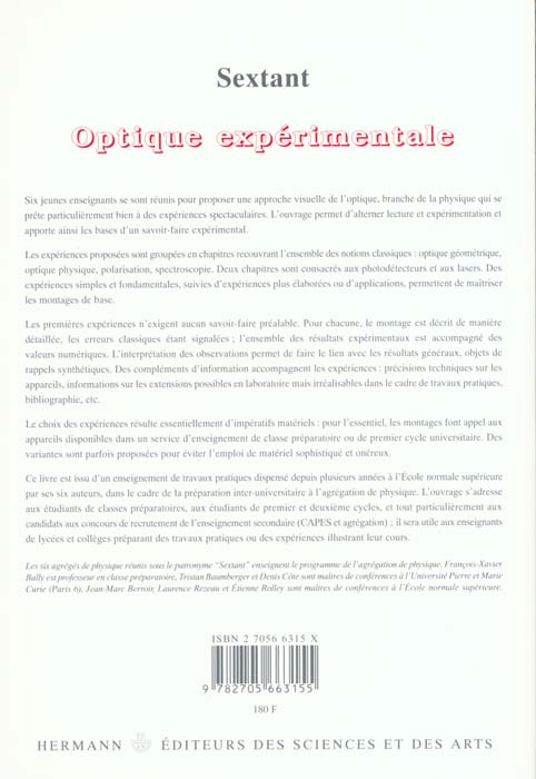 Quatrième de couverture de « OPTIQUE EXPERIMENTALE »
