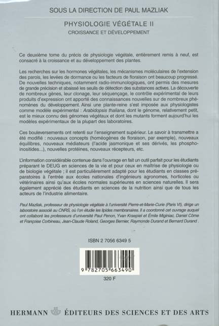 Quatrième de couverture de « PHYSIOLOGIE VEGETALE - VOLUME 2. CROISSANCE ET DEVELOPPEMENT »