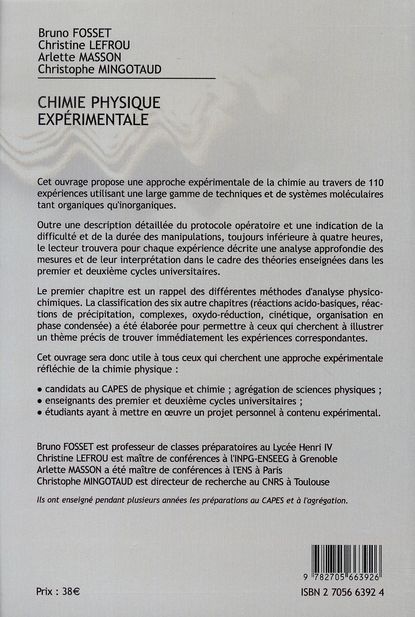 Quatrième de couverture de « CHIMIE PHYSIQUE EXPERIMENTALE - CAPES, AGREGATION »