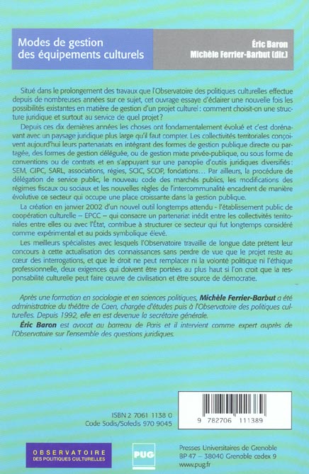 Quatrième de couverture de « MODE DE GESTION DES EQUIPEMENTS CULTURELS »
