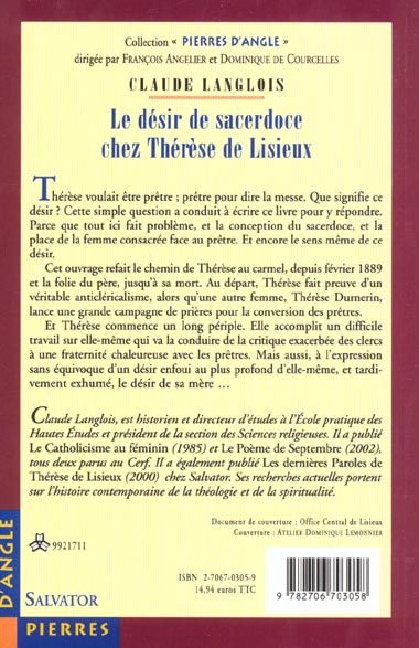 Quatrième de couverture de « DESIR DE SACERDOCE DE THERESE DE LISIEUX »