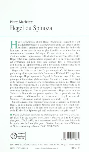 Quatrième de couverture de « HEGEL OU SPINOZA »