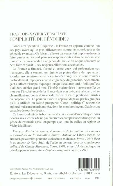 Quatrième de couverture de « COMPLICITE DE GENOCIDE ? LA POLITIQUE DE LA FRANCE AU RWANDA »