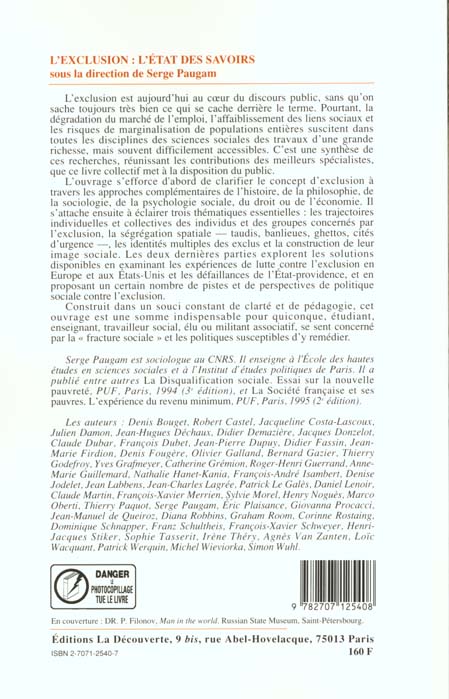 Quatrième de couverture de « L'EXCLUSION, L'ETAT DES SAVOIRS »