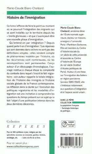 Quatrième de couverture de « HISTOIRE DE L'IMMIGRATION »