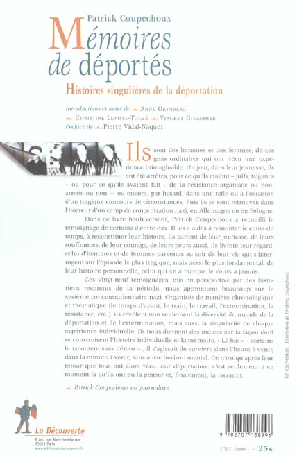 Quatrième de couverture de « MEMOIRES DE DEPORTES HISTOIRES SINGULIERES DE LA DEPORTATION »